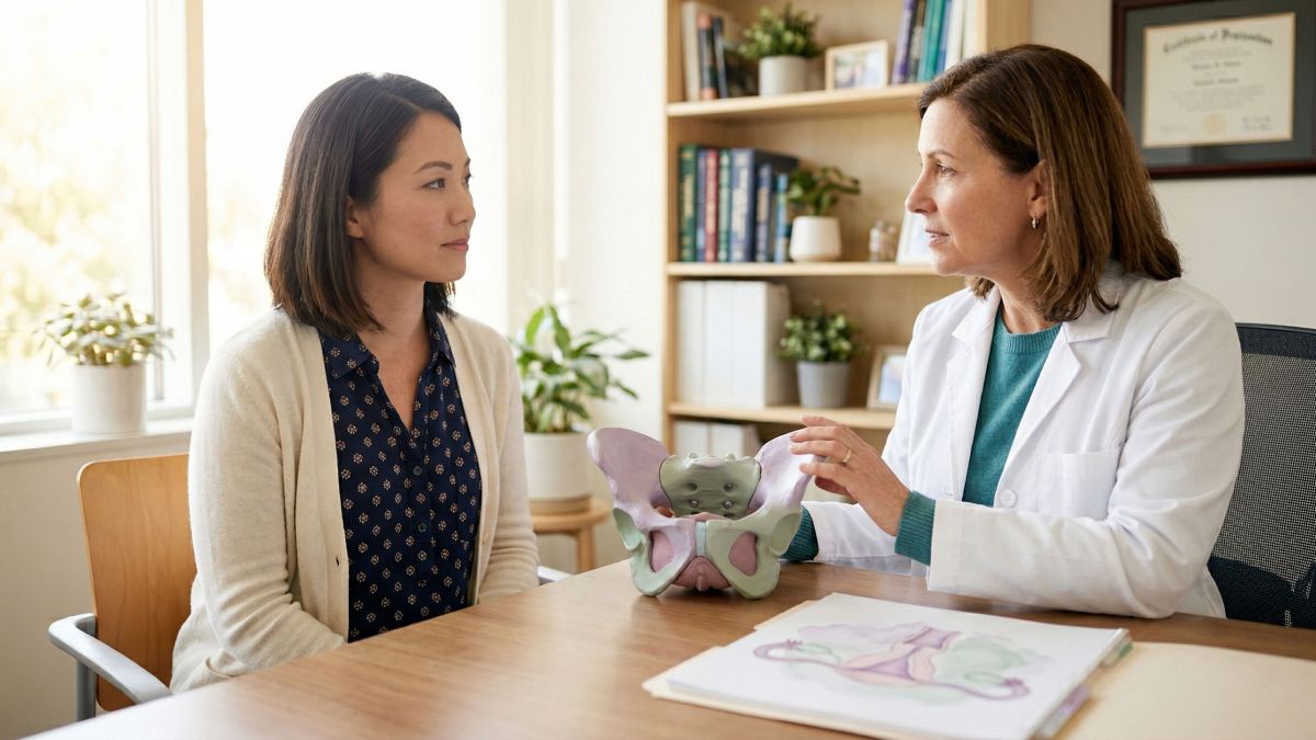 クリトリスの解剖学的イラスト図で臨床測定ラベル付き、女性の健康に関するクリトリスメガリー記事向けの柔らかいパステルトーンでレンダリング