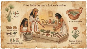 Ervas secas, pergaminho e recipientes de barro representando antigos remédios botânicos usados ​​na saúde feminina ao longo da história.