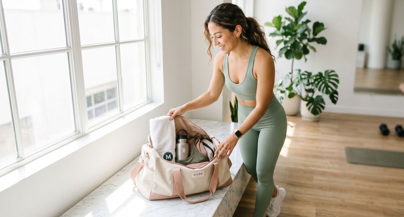 Mujer con ropa deportiva clara dejando una bolsa de gimnasio tras entrenar, luz natural
