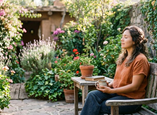 Mujer sentada tranquilamente al aire libre con suave luz de la mañana y ojos cerrados, representando equilibrio emocional y calma