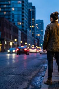Woman standing confidently on a city street at dusk, viewed from behind, representing personal safety awareness and resilience