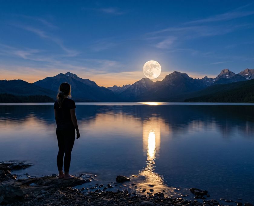 Full moon rising over calm ocean water at blue hour, with the silhouette of a woman standing at the shoreline looking up — symbolizing the ancient connection between the lunar cycle and the menstrual cycle
