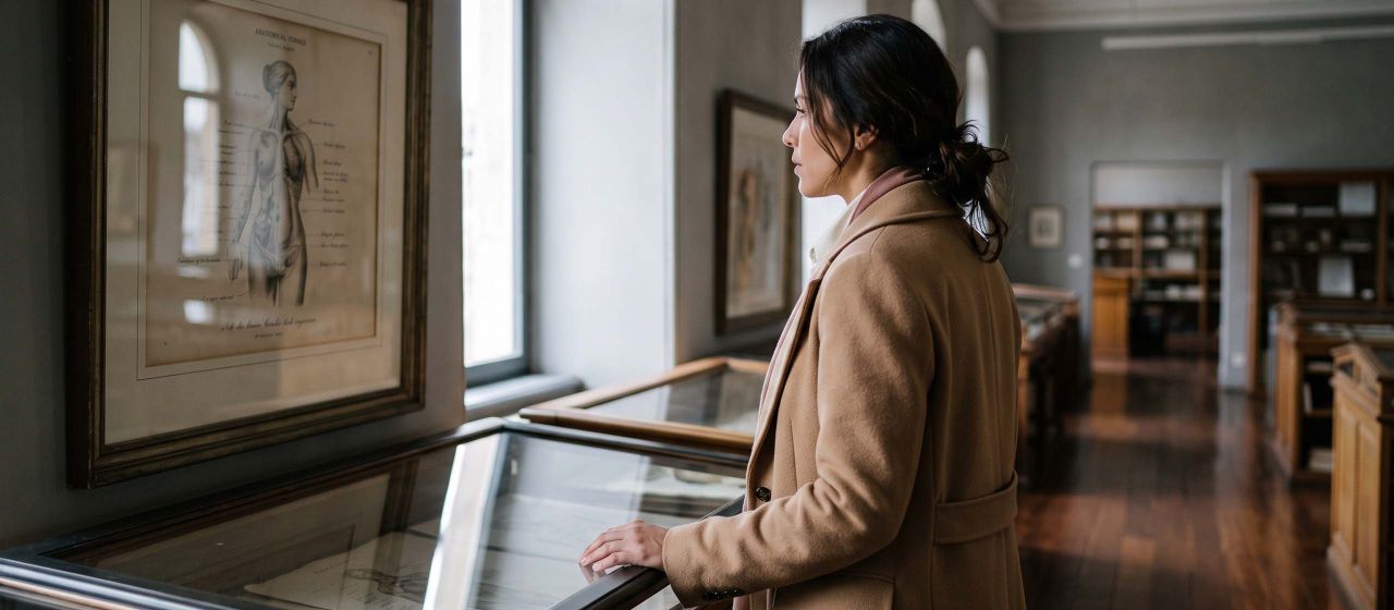 Mulher usando casaco cor de camelo observando uma gravura anatômica do século XIX emoldurada em um arquivo de museu, ilustrando a história de como a anatomia feminina era representada