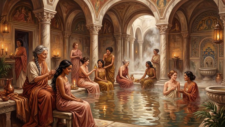 Mulheres reunidas em um antigo banho de pedra durante um ritual, ilustrado com iluminação quente de velas