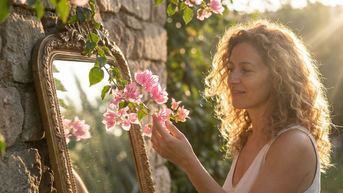 Uma mulher em luz suave refletindo sobre sua jornada rumo à confiança corporal e ao amor-próprio.