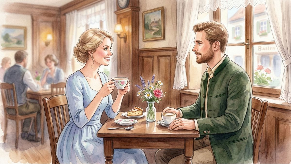 Ein Mann und eine Frau bei einem respektvollen ersten Treffen mit positiven nonverbalen Signalen.