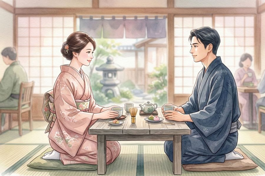 礼儀正しい初対面の場面で、前向きな非言語サインを示す男性と女性。