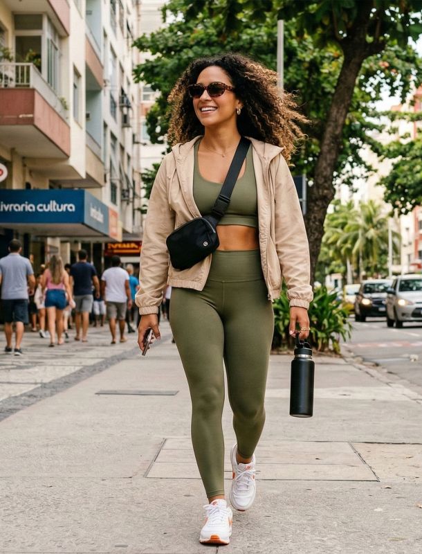 Uma mulher elegante caminha por uma calçada urbana usando activewear verde-oliva e uma jaqueta bege.