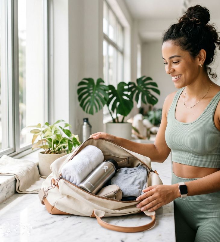 Mulher com roupa esportiva clara colocando uma bolsa de academia após o treino, luz natural