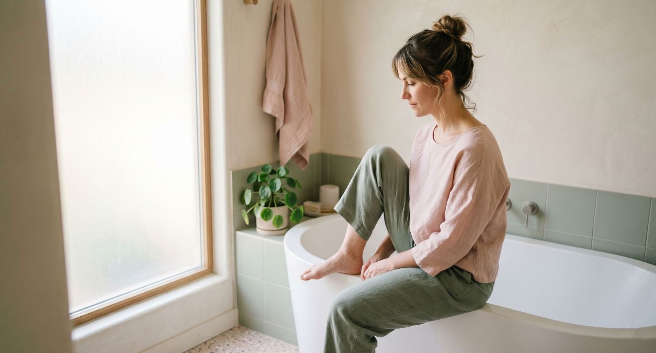 Woman sitting in a sunlit bathroom, reflecting quietly — normalizing body awareness and daily hygiene routines