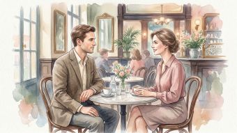 Un homme et une femme lors d’une première rencontre respectueuse, montrant des signaux non verbaux positifs.