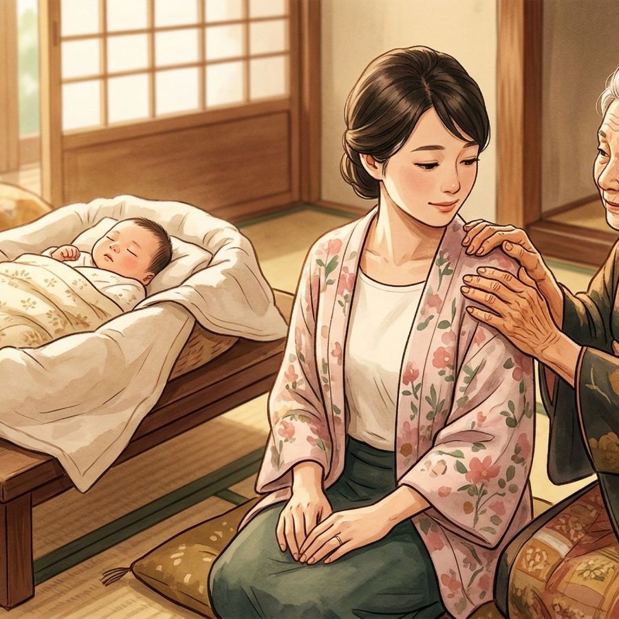 祖母が新しい母親と赤ちゃんを温かい家庭環境で支えている様子。
