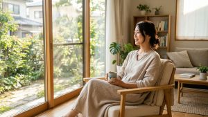 明るく清潔な家で静かな時間を楽しむ穏やかな女性。