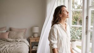 Woman in ivory linen at an open window in soft morning light, illustrating the natural science of female body scent