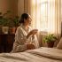 Una mujer serena en una habitación suavemente iluminada, representando la receptividad femenina y la armonía biológica.