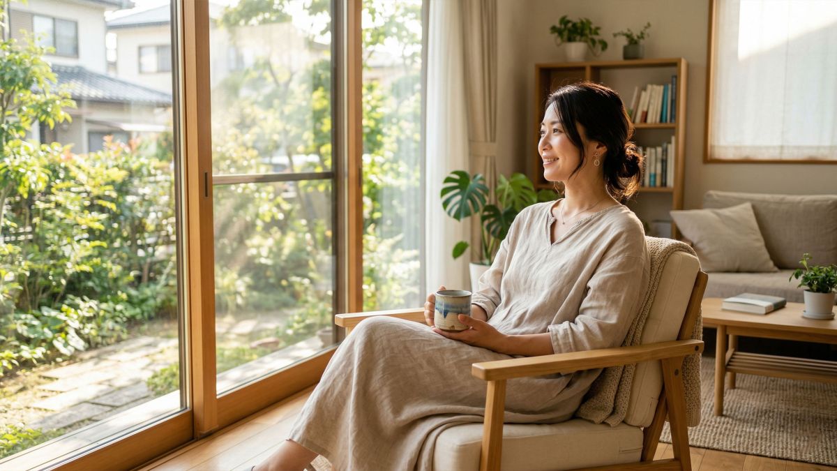 明るく清潔な家で静かな時間を楽しむ穏やかな女性。