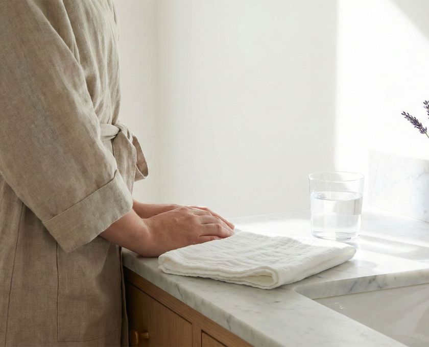 Elegant marble bathroom vanity representing clean and natural feminine hygiene rituals.