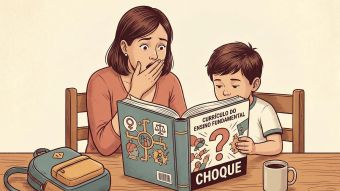 Uma mãe e seu filho revisando materiais educativos juntos em um ambiente doméstico.