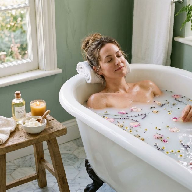 Woman relaxing in a bath surrounded by natural botanicals and seasonal flowers.