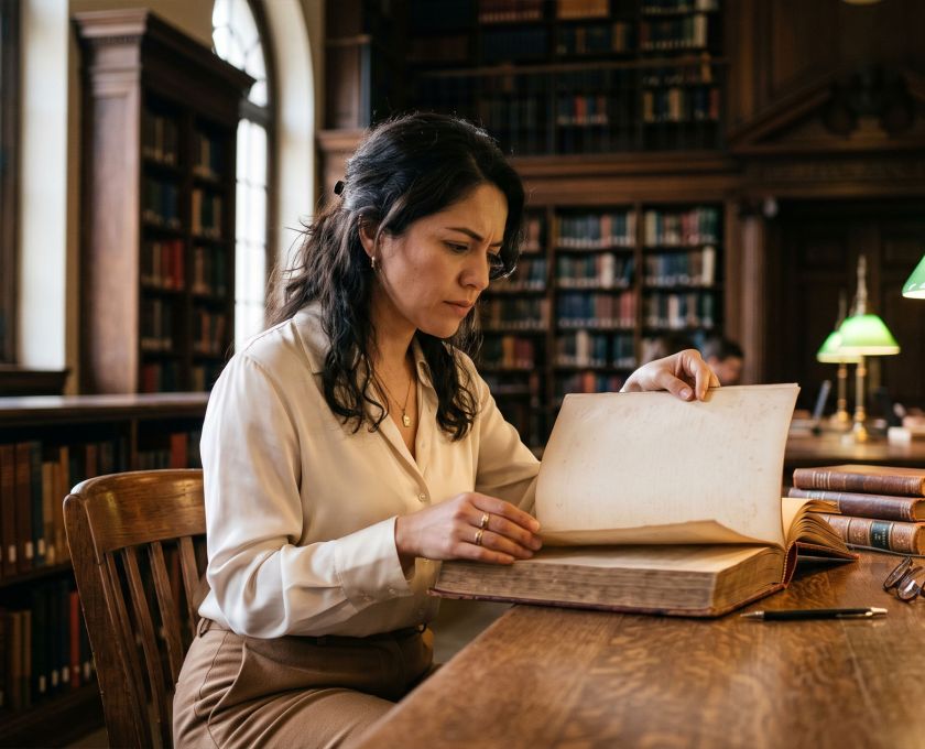 Mujer investigando la historia de la anatomía femenina en antiguos libros médicos en una mesa iluminada de una biblioteca de archivo