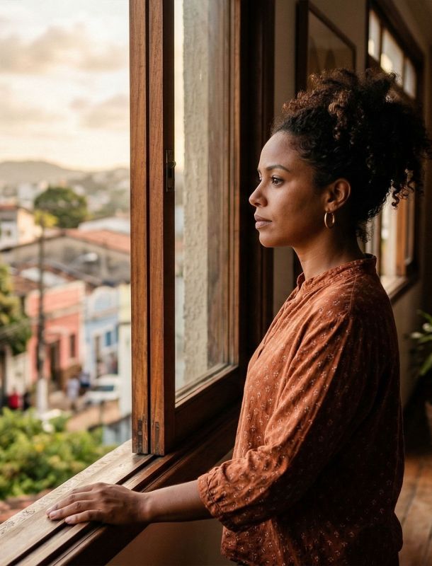 Uma mulher pensativa olhando pela janela em um ambiente doméstico acolhedor.