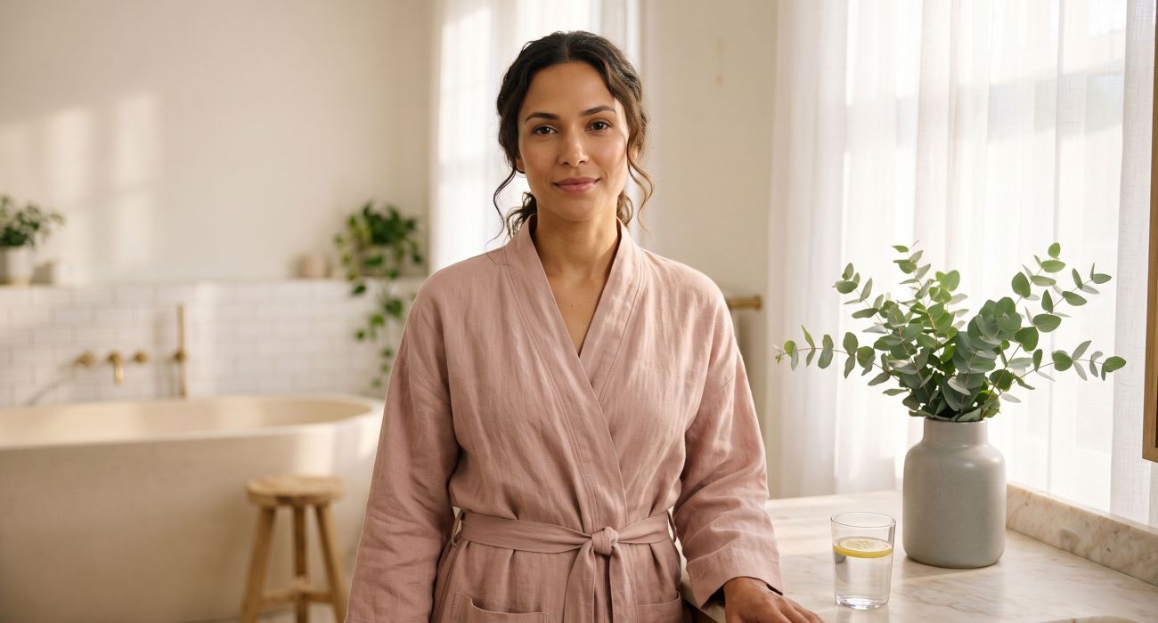 Mulher serena usando um robe rosa suave sob a luz da manhã, representando o equilíbrio natural do pH vaginal e o bem-estar íntimo diário