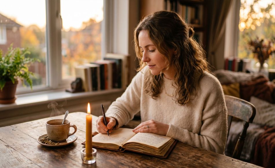 Woman sitting at a quiet table writing in a journal by candlelight, reflecting on rebuilding trust in her relationship