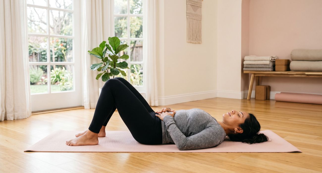 Mujer practicando ejercicios de suelo pélvico sobre una esterilla de yoga en una habitación luminosa y espaciosa