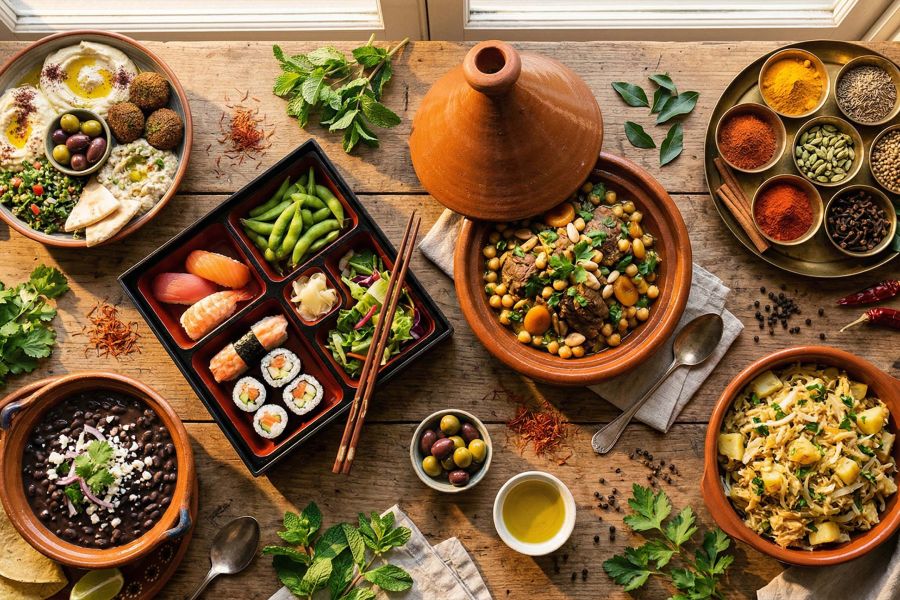 Vista superior de platos tradicionales de Líbano, Japón, México, Marruecos e India sobre una mesa rústica con hierbas y especias frescas