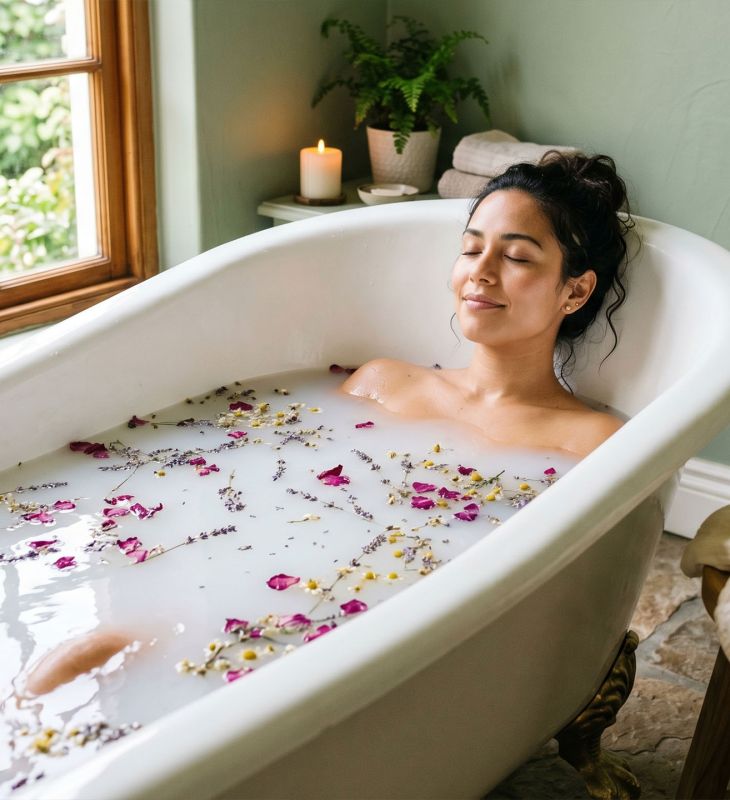 Mujer relajándose en un baño rodeada de plantas naturales y flores de temporada.