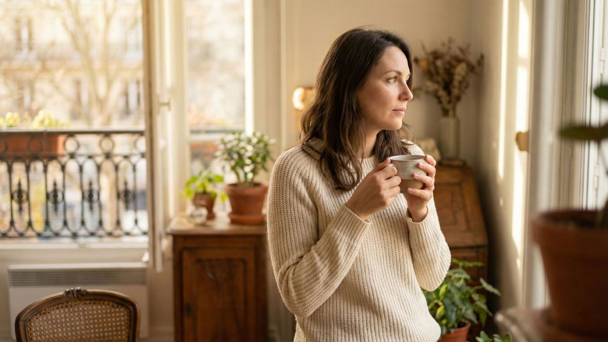 Une femme réfléchissant dans une pièce sereine et baignée de soleil, représentant la paix émotionnelle et la grâce féminine.