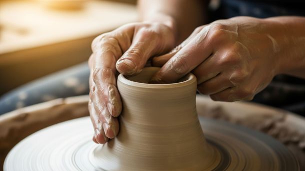 Diverse hands collaboratively shaping a piece of clay on a potter's wheel, symbolizing shared creative expression across cultures.