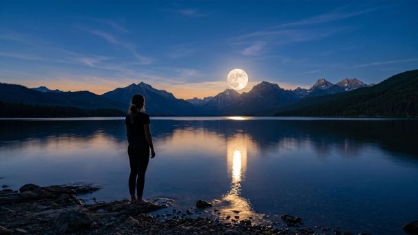 Luna llena sobre un océano en calma al anochecer, con la silueta de una mujer mirando al cielo desde la orilla — simbolizando la conexión ancestral entre ciclos