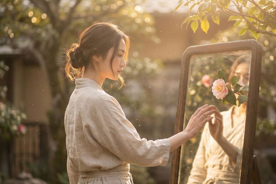 柔らかな光の中で、ボディコンフィデンスと自己愛への旅を振り返る女性