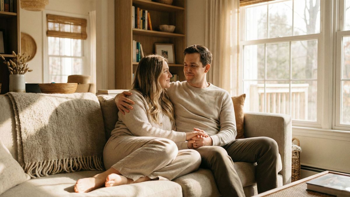 A husband and wife sitting together, representing a secure and stable marital bond.