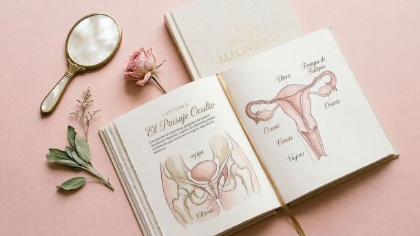 Libro ilustrado de referencia anatómica abierto, rodeado de elementos botánicos suaves sobre un fondo rosa, representando educación accesible sobre la salud femenina.