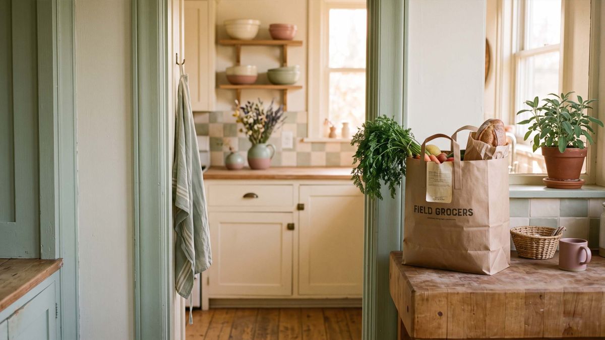 Sunlit kitchen doorway with a grocery bag and two coffee mugs, symbolizing an honest mother-daughter conversation.