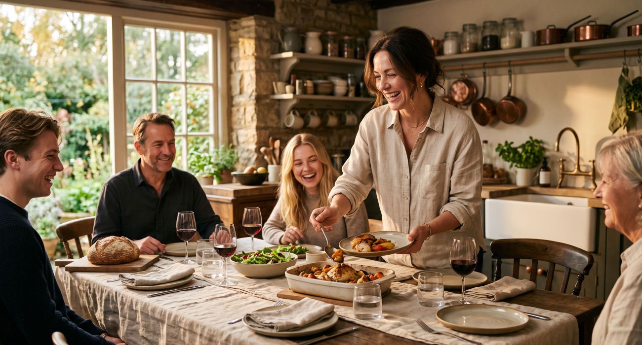 Woman serving a home-cooked family meal at a sunlit table, illustrating how to maintain a healthy weight without dieting.