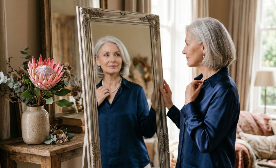 An elegant mature woman reflecting on her journey and physical changes.