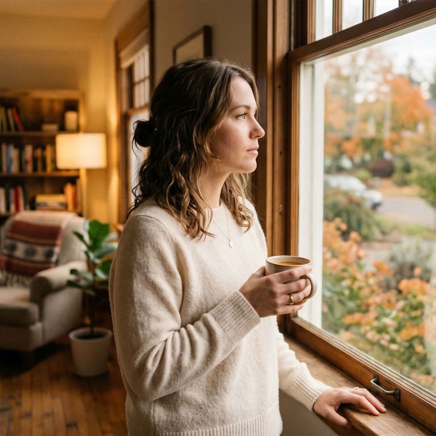 A thoughtful woman looking out a window in a warm home setting.