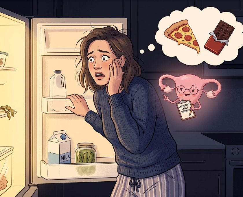 Mujer con jersey de punto crema frente al refrigerador abierto tarde por la noche, ilustrando el aumento de apetito la semana previa a la regla