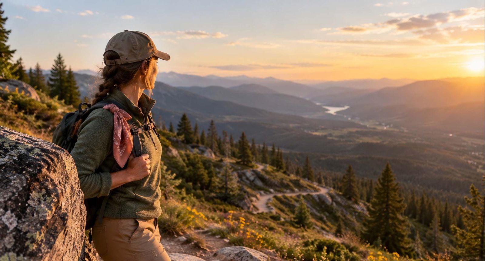 Woman hiker pausing beside a granite boulder on a mountain trail at golden hour with a rose bandana tied to her daypack