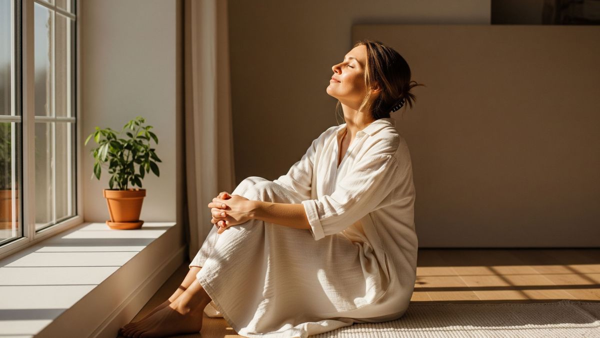 Woman relaxing at home in a loose dress, representing healthy intimate care habits