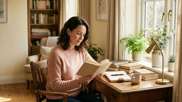 A woman seated at a sunlit desk reading and reflecting in soft warm light