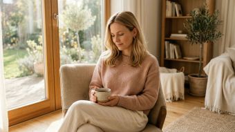 Eine ruhige, selbstbewusste Frau im weichen natürlichen Licht, die Körperbewusstsein und Selbsterkenntnis symbolisiert