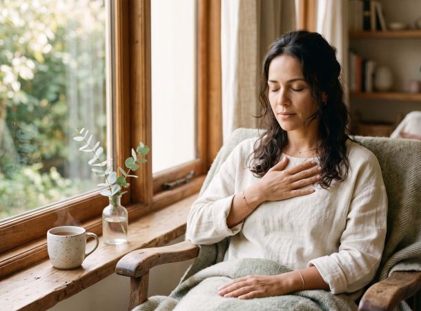Mujer junto a una ventana respirando lentamente para calmar un sistema nervioso hiperactivo