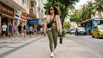 Uma mulher elegante caminha por uma calçada urbana usando activewear verde-oliva e uma jaqueta bege.