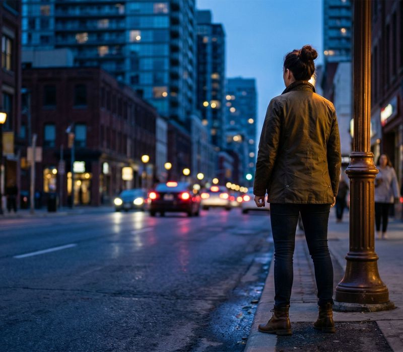 Mulher em pé com confiança em uma rua ao entardecer, vista de trás, simbolizando consciência e resiliência