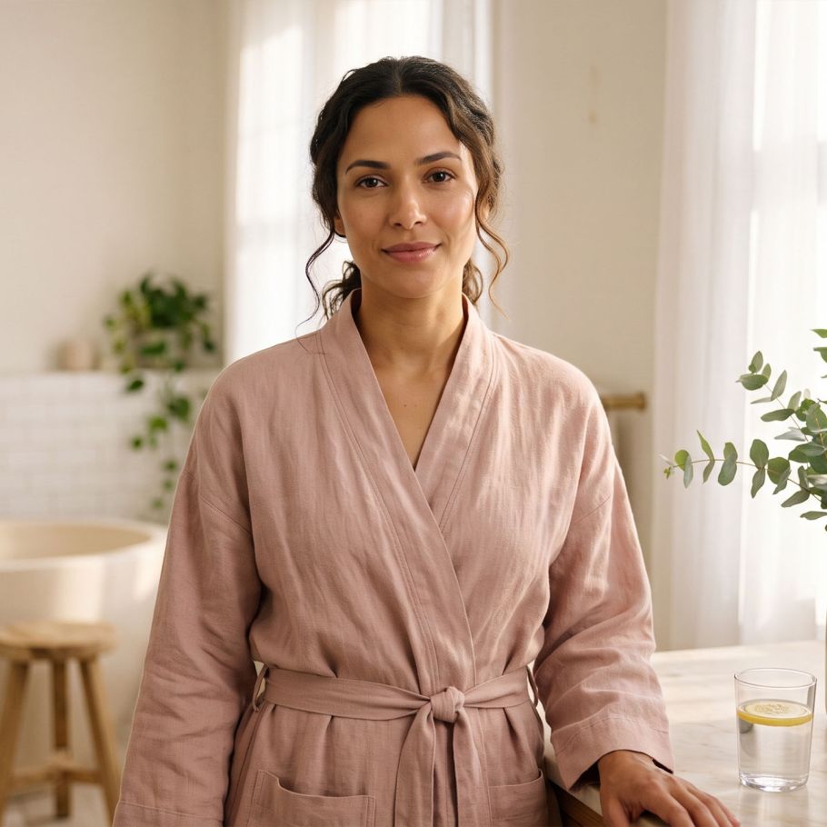 Mulher serena usando um robe rosa suave sob a luz da manhã, representando o equilíbrio natural do pH vaginal e o bem-estar íntimo diário
