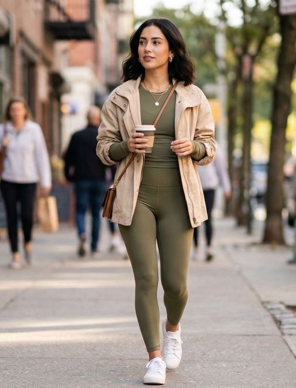 A stylish woman walking down a city sidewalk wearing olive green activewear and a beige jacket.